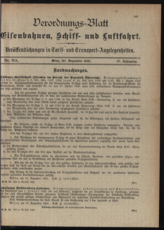 Verordnungs-Blatt für Eisenbahnen und Schiffahrt: Veröffentlichungen in Tarif- und Transport-Angelegenheiten 19211220 Seite: 1