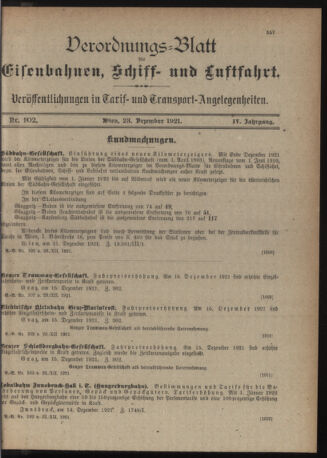 Verordnungs-Blatt für Eisenbahnen und Schiffahrt: Veröffentlichungen in Tarif- und Transport-Angelegenheiten 19211223 Seite: 1