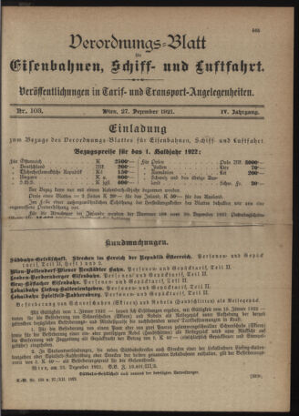 Verordnungs-Blatt für Eisenbahnen und Schiffahrt: Veröffentlichungen in Tarif- und Transport-Angelegenheiten 19211227 Seite: 1