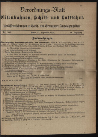 Verordnungs-Blatt für Eisenbahnen und Schiffahrt: Veröffentlichungen in Tarif- und Transport-Angelegenheiten 19211231 Seite: 1