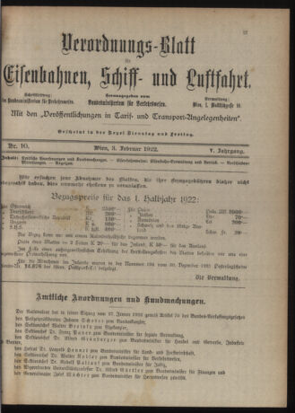 Verordnungs-Blatt für Eisenbahnen und Schiffahrt: Veröffentlichungen in Tarif- und Transport-Angelegenheiten 19220203 Seite: 1