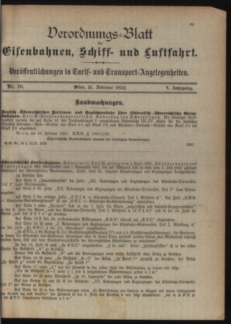 Verordnungs-Blatt für Eisenbahnen und Schiffahrt: Veröffentlichungen in Tarif- und Transport-Angelegenheiten 19220221 Seite: 1