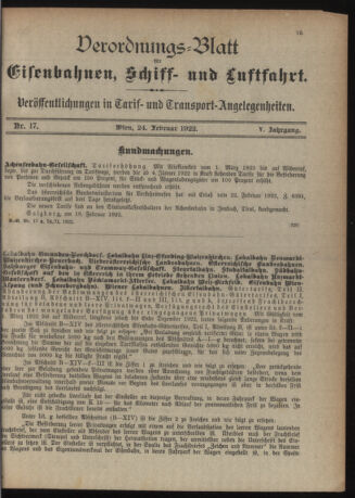 Verordnungs-Blatt für Eisenbahnen und Schiffahrt: Veröffentlichungen in Tarif- und Transport-Angelegenheiten 19220224 Seite: 1