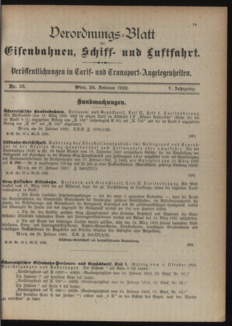 Verordnungs-Blatt für Eisenbahnen und Schiffahrt: Veröffentlichungen in Tarif- und Transport-Angelegenheiten 19220228 Seite: 1