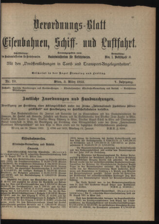 Verordnungs-Blatt für Eisenbahnen und Schiffahrt: Veröffentlichungen in Tarif- und Transport-Angelegenheiten 19220303 Seite: 1