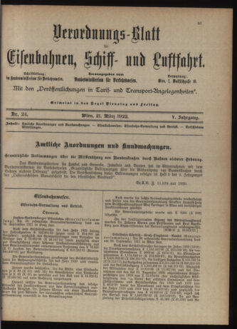 Verordnungs-Blatt für Eisenbahnen und Schiffahrt: Veröffentlichungen in Tarif- und Transport-Angelegenheiten 19220321 Seite: 1