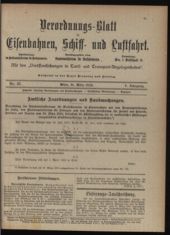 Verordnungs-Blatt für Eisenbahnen und Schiffahrt: Veröffentlichungen in Tarif- und Transport-Angelegenheiten 19220331 Seite: 1