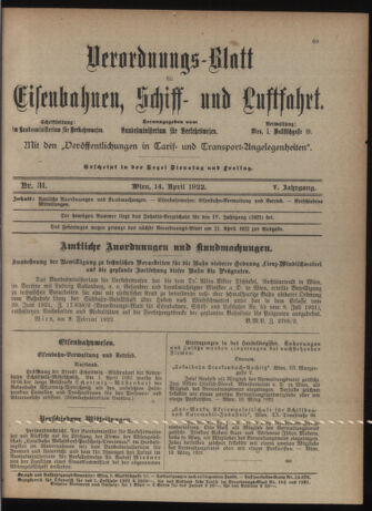 Verordnungs-Blatt für Eisenbahnen und Schiffahrt: Veröffentlichungen in Tarif- und Transport-Angelegenheiten 19220414 Seite: 1