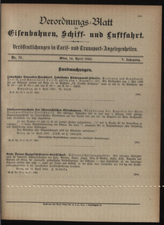 Verordnungs-Blatt für Eisenbahnen und Schiffahrt: Veröffentlichungen in Tarif- und Transport-Angelegenheiten 19220414 Seite: 15