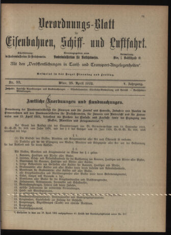 Verordnungs-Blatt für Eisenbahnen und Schiffahrt: Veröffentlichungen in Tarif- und Transport-Angelegenheiten 19220425 Seite: 1