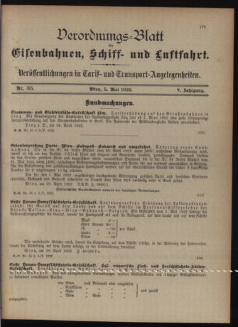 Verordnungs-Blatt für Eisenbahnen und Schiffahrt: Veröffentlichungen in Tarif- und Transport-Angelegenheiten 19220505 Seite: 1