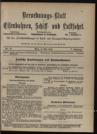 Verordnungs-Blatt für Eisenbahnen und Schiffahrt: Veröffentlichungen in Tarif- und Transport-Angelegenheiten 19220512 Seite: 1