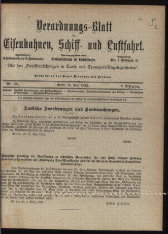 Verordnungs-Blatt für Eisenbahnen und Schiffahrt: Veröffentlichungen in Tarif- und Transport-Angelegenheiten 19220519 Seite: 1