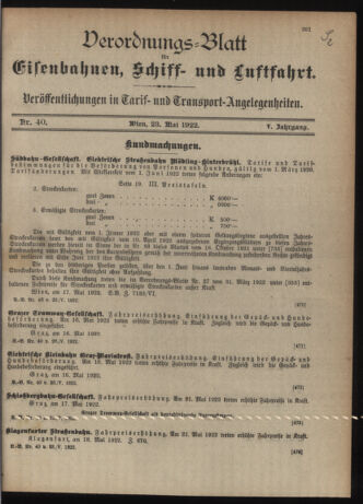 Verordnungs-Blatt für Eisenbahnen und Schiffahrt: Veröffentlichungen in Tarif- und Transport-Angelegenheiten 19220523 Seite: 1