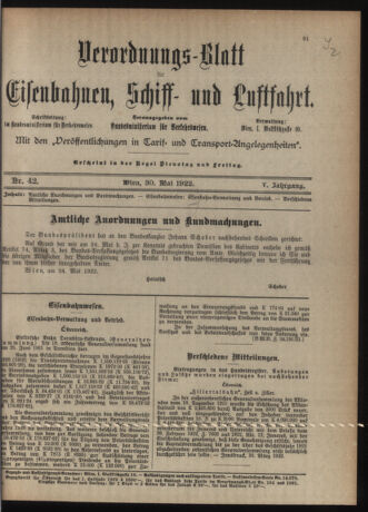 Verordnungs-Blatt für Eisenbahnen und Schiffahrt: Veröffentlichungen in Tarif- und Transport-Angelegenheiten 19220530 Seite: 1