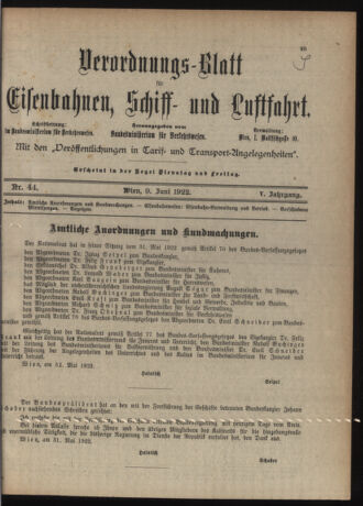 Verordnungs-Blatt für Eisenbahnen und Schiffahrt: Veröffentlichungen in Tarif- und Transport-Angelegenheiten 19220609 Seite: 1