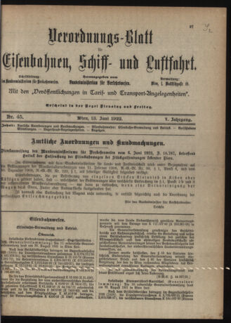 Verordnungs-Blatt für Eisenbahnen und Schiffahrt: Veröffentlichungen in Tarif- und Transport-Angelegenheiten 19220613 Seite: 1