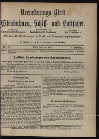 Verordnungs-Blatt für Eisenbahnen und Schiffahrt: Veröffentlichungen in Tarif- und Transport-Angelegenheiten 19220620 Seite: 1