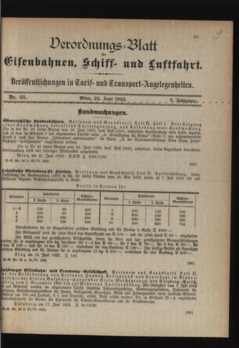 Verordnungs-Blatt für Eisenbahnen und Schiffahrt: Veröffentlichungen in Tarif- und Transport-Angelegenheiten 19220623 Seite: 1