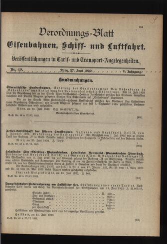 Verordnungs-Blatt für Eisenbahnen und Schiffahrt: Veröffentlichungen in Tarif- und Transport-Angelegenheiten 19220627 Seite: 1