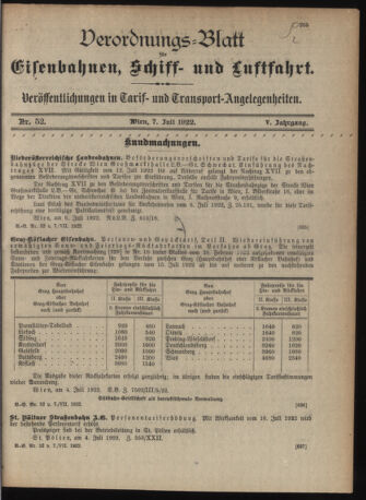 Verordnungs-Blatt für Eisenbahnen und Schiffahrt: Veröffentlichungen in Tarif- und Transport-Angelegenheiten 19220707 Seite: 1