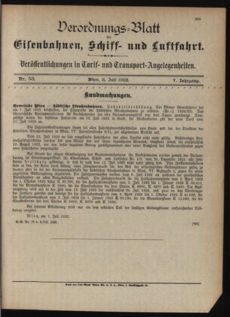 Verordnungs-Blatt für Eisenbahnen und Schiffahrt: Veröffentlichungen in Tarif- und Transport-Angelegenheiten 19220708 Seite: 1