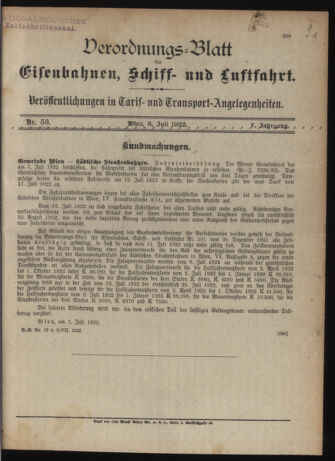 Verordnungs-Blatt für Eisenbahnen und Schiffahrt: Veröffentlichungen in Tarif- und Transport-Angelegenheiten 19220708 Seite: 5