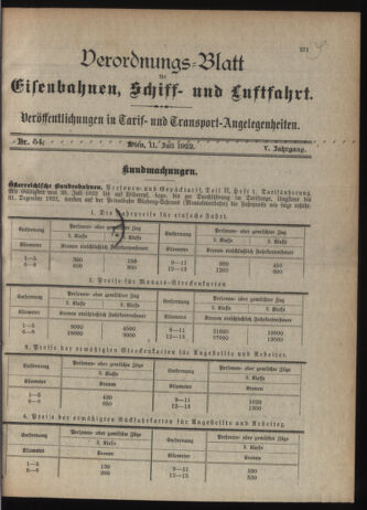 Verordnungs-Blatt für Eisenbahnen und Schiffahrt: Veröffentlichungen in Tarif- und Transport-Angelegenheiten 19220711 Seite: 1