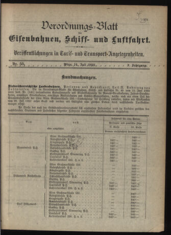 Verordnungs-Blatt für Eisenbahnen und Schiffahrt: Veröffentlichungen in Tarif- und Transport-Angelegenheiten 19220714 Seite: 1