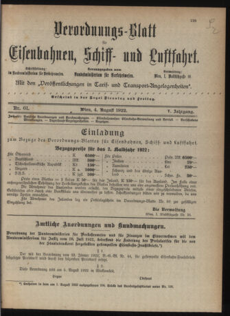 Verordnungs-Blatt für Eisenbahnen und Schiffahrt: Veröffentlichungen in Tarif- und Transport-Angelegenheiten 19220804 Seite: 1