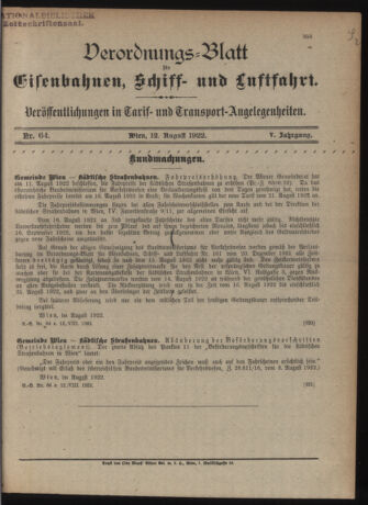 Verordnungs-Blatt für Eisenbahnen und Schiffahrt: Veröffentlichungen in Tarif- und Transport-Angelegenheiten 19220812 Seite: 1