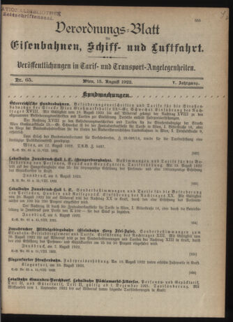 Verordnungs-Blatt für Eisenbahnen und Schiffahrt: Veröffentlichungen in Tarif- und Transport-Angelegenheiten 19220815 Seite: 1