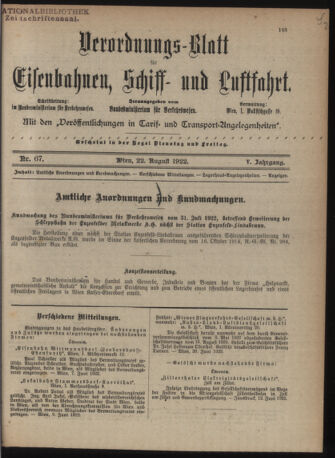 Verordnungs-Blatt für Eisenbahnen und Schiffahrt: Veröffentlichungen in Tarif- und Transport-Angelegenheiten 19220822 Seite: 1