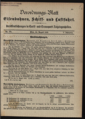 Verordnungs-Blatt für Eisenbahnen und Schiffahrt: Veröffentlichungen in Tarif- und Transport-Angelegenheiten 19220824 Seite: 1