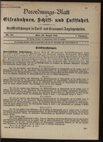 Verordnungs-Blatt für Eisenbahnen und Schiffahrt: Veröffentlichungen in Tarif- und Transport-Angelegenheiten 19220829 Seite: 1