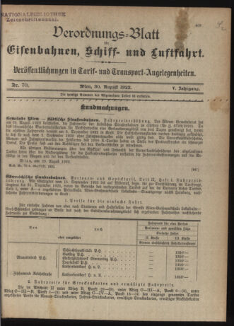 Verordnungs-Blatt für Eisenbahnen und Schiffahrt: Veröffentlichungen in Tarif- und Transport-Angelegenheiten 19220830 Seite: 1