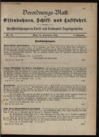 Verordnungs-Blatt für Eisenbahnen und Schiffahrt: Veröffentlichungen in Tarif- und Transport-Angelegenheiten 19220919 Seite: 1