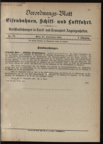 Verordnungs-Blatt für Eisenbahnen und Schiffahrt: Veröffentlichungen in Tarif- und Transport-Angelegenheiten 19220920 Seite: 1