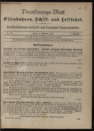 Verordnungs-Blatt für Eisenbahnen und Schiffahrt: Veröffentlichungen in Tarif- und Transport-Angelegenheiten 19221003 Seite: 1