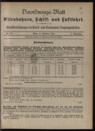 Verordnungs-Blatt für Eisenbahnen und Schiffahrt: Veröffentlichungen in Tarif- und Transport-Angelegenheiten 19221010 Seite: 1