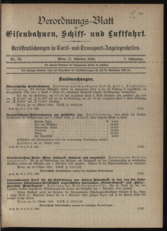 Verordnungs-Blatt für Eisenbahnen und Schiffahrt: Veröffentlichungen in Tarif- und Transport-Angelegenheiten 19221017 Seite: 1