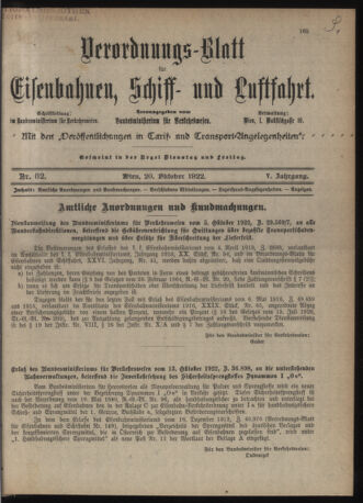 Verordnungs-Blatt für Eisenbahnen und Schiffahrt: Veröffentlichungen in Tarif- und Transport-Angelegenheiten 19221020 Seite: 1