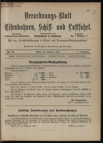 Verordnungs-Blatt für Eisenbahnen und Schiffahrt: Veröffentlichungen in Tarif- und Transport-Angelegenheiten 19221024 Seite: 1