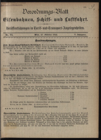 Verordnungs-Blatt für Eisenbahnen und Schiffahrt: Veröffentlichungen in Tarif- und Transport-Angelegenheiten 19221027 Seite: 1