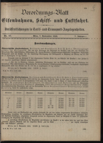 Verordnungs-Blatt für Eisenbahnen und Schiffahrt: Veröffentlichungen in Tarif- und Transport-Angelegenheiten 19221107 Seite: 1