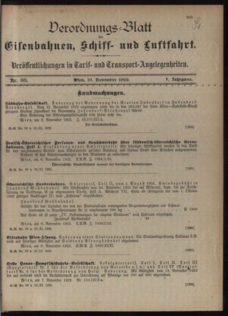 Verordnungs-Blatt für Eisenbahnen und Schiffahrt: Veröffentlichungen in Tarif- und Transport-Angelegenheiten 19221110 Seite: 1