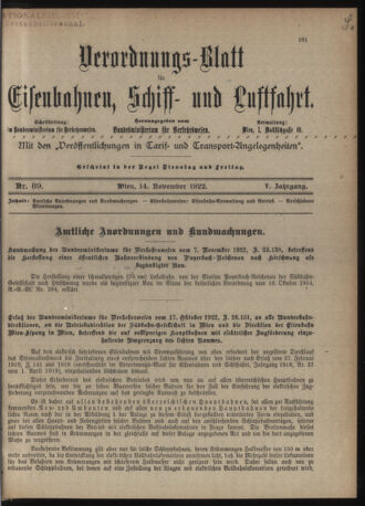 Verordnungs-Blatt für Eisenbahnen und Schiffahrt: Veröffentlichungen in Tarif- und Transport-Angelegenheiten 19221114 Seite: 1