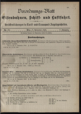 Verordnungs-Blatt für Eisenbahnen und Schiffahrt: Veröffentlichungen in Tarif- und Transport-Angelegenheiten 19221117 Seite: 1