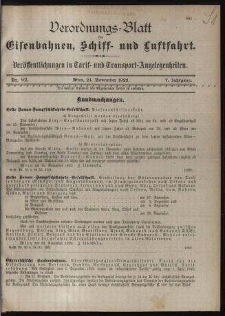 Verordnungs-Blatt für Eisenbahnen und Schiffahrt: Veröffentlichungen in Tarif- und Transport-Angelegenheiten 19221124 Seite: 1