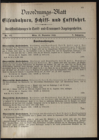 Verordnungs-Blatt für Eisenbahnen und Schiffahrt: Veröffentlichungen in Tarif- und Transport-Angelegenheiten 19221215 Seite: 1